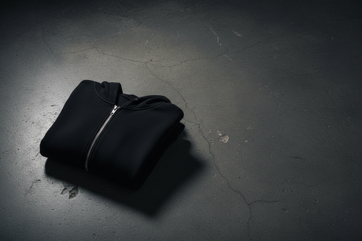 Folded black zip-up hoodie off to the side on concrete