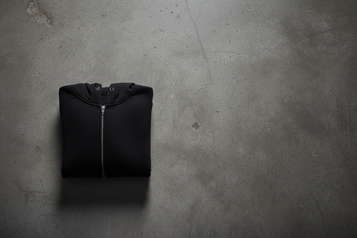 Top-down folded black zip-up hoodie on concrete