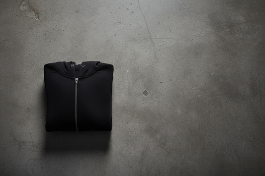 Top-down folded black zip-up hoodie on concrete